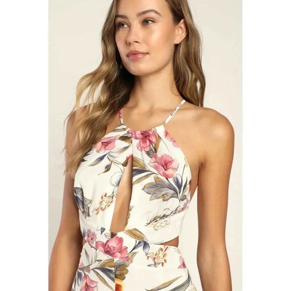 NWT Lulus Blossoming Hours Ivory Floral Keyhole Backless Halter Maxi Dress-sz Me - Picture 3 of 11